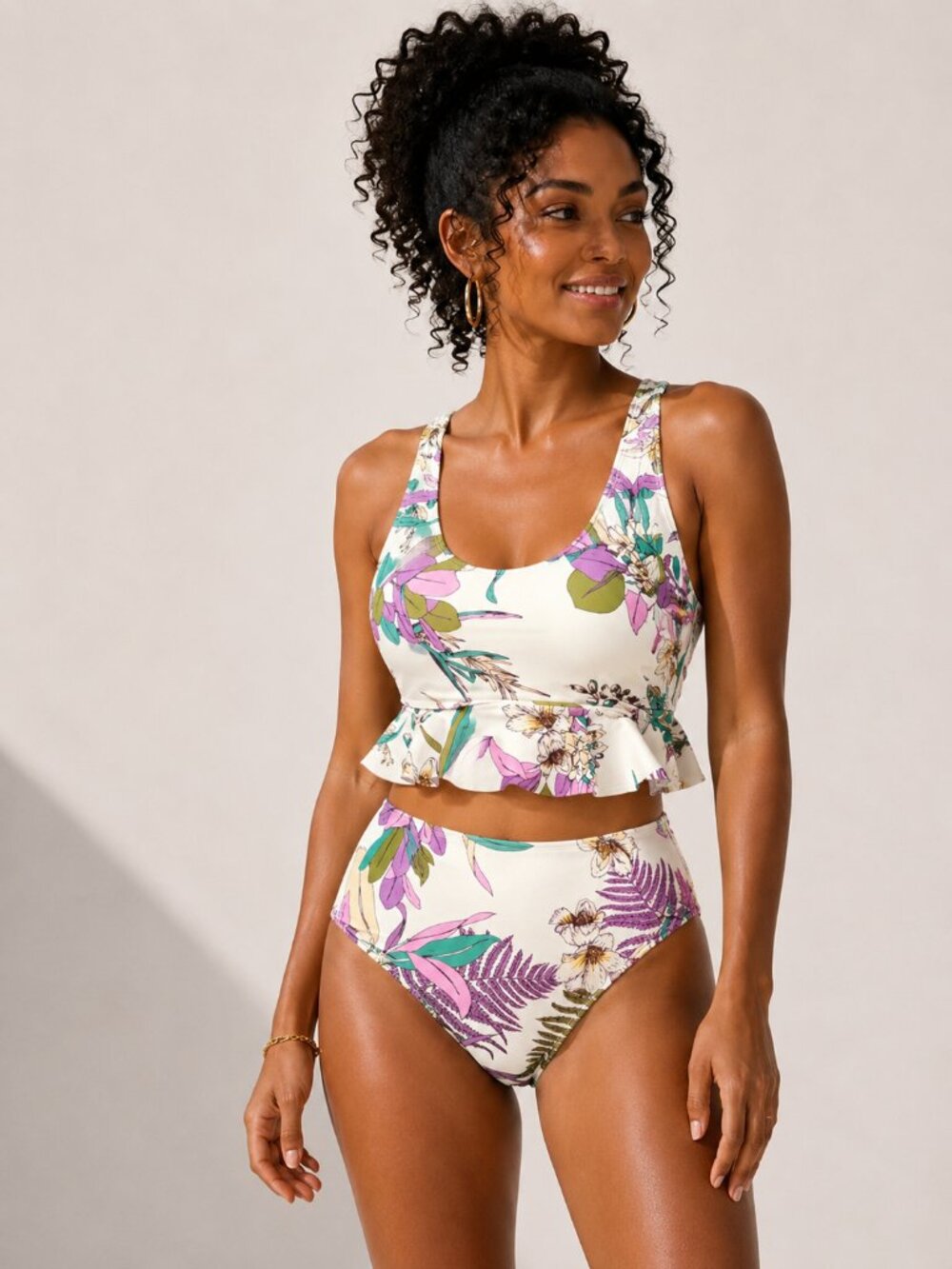 Cupshe Tropical Ruffled Tankini High Waist Swim Set Small NWT
